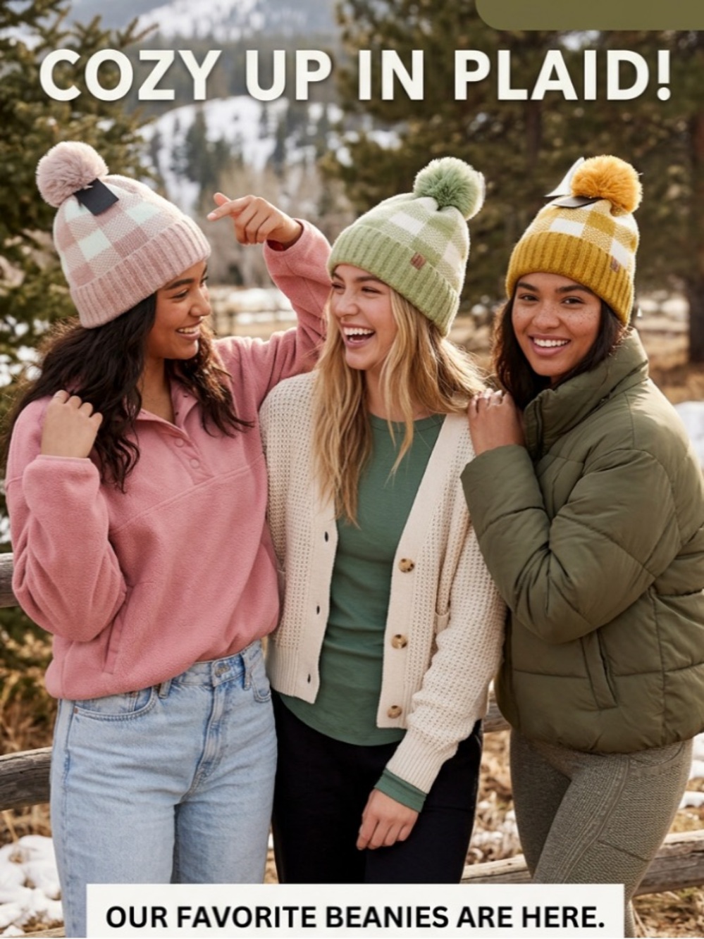 Plaid Pom Pom Beanie - Pink, Green, Mustard